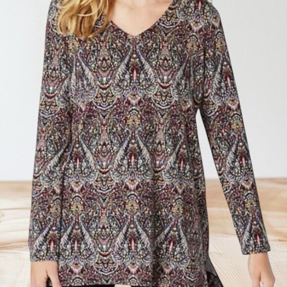 J. Jill Paisley Tunic Top Blouse Sz Large Cotton Modal Knit V Neck Long Sleeves - Picture 4 of 14